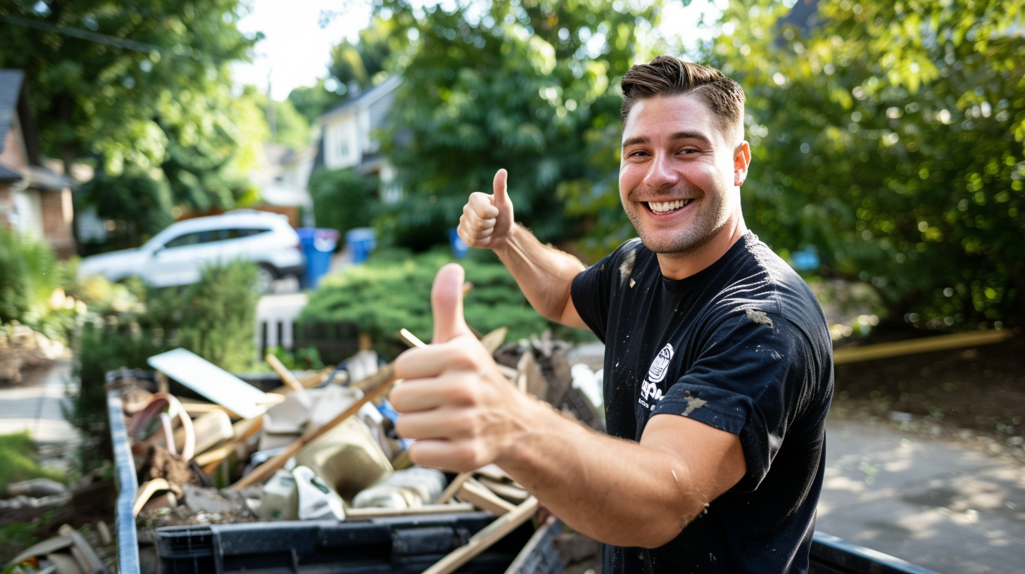 Junk removal professional smiling and giving two thumbs up.