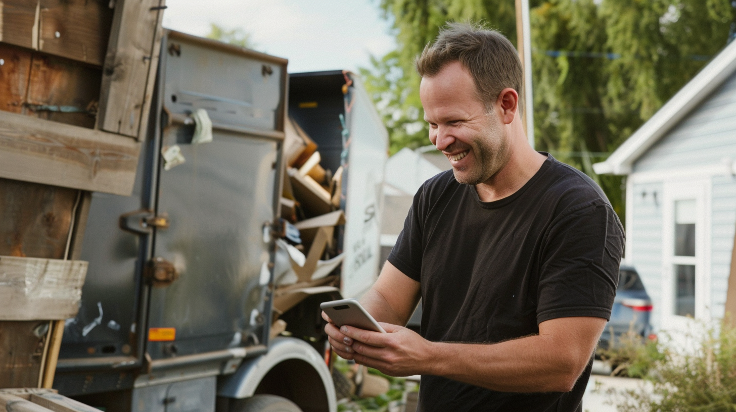 Junk removal professional smiling at his phone